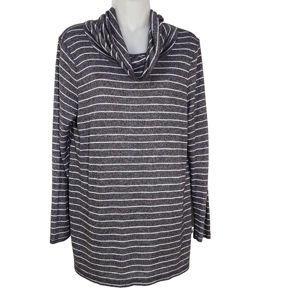 Chicos Tunic Top Womens Size 1 Medium Gray Striped Cowl Neck Long Sleeve Rayon